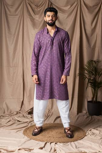 Purple color rayon fabric festive wear ethnic men's embroidered kurta payjama