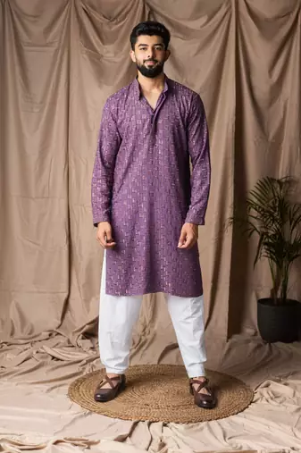 Purple color rayon fabric festive wear ethnic men's embroidered kurta payjama