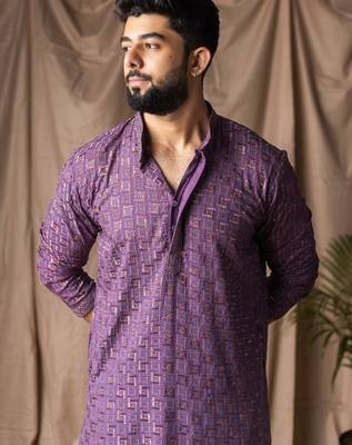 Purple color rayon fabric festive wear ethnic men's embroidered kurta payjama 3