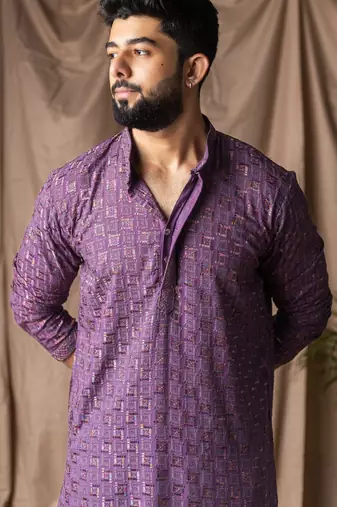Purple color rayon fabric festive wear ethnic men's embroidered kurta payjama