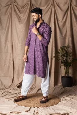 Purple color rayon fabric festive wear ethnic men's embroidered kurta payjama 4