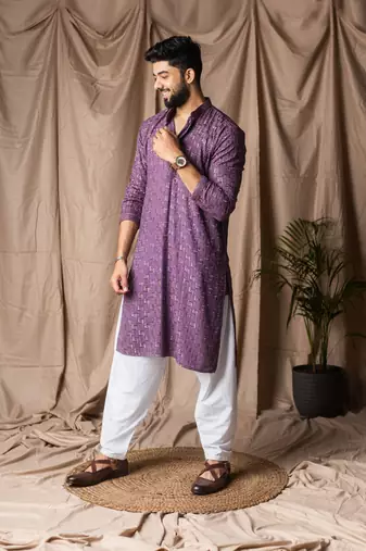 Purple color rayon fabric festive wear ethnic men's embroidered kurta payjama