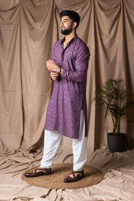 Purple color rayon fabric festive wear ethnic men's embroidered kurta payjama 5