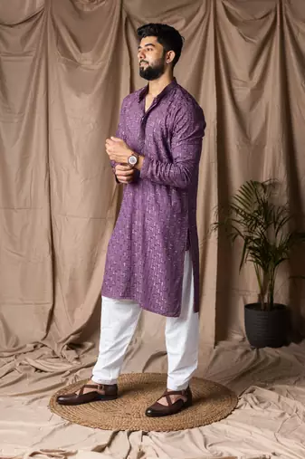 Purple color rayon fabric festive wear ethnic men's embroidered kurta payjama