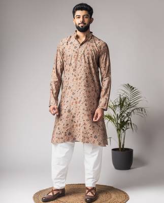 Brown color modal silk fabric printed festive wear men's kurta payjama 1