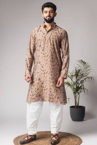 Brown color modal silk fabric designer printed festive wear men's kurta payjama