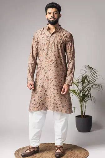 Brown color modal silk fabric designer printed festive wear men's kurta payjama