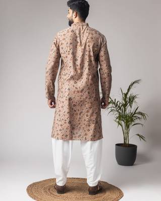 Brown color modal silk fabric printed festive wear men's kurta payjama 2