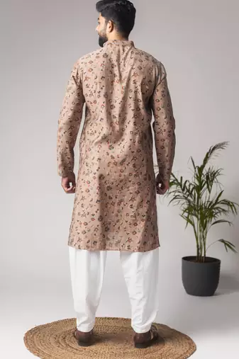 Brown color modal silk fabric printed festive wear men's kurta payjama