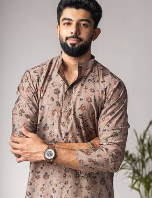 Brown color modal silk fabric printed festive wear men's kurta payjama 3