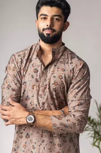 Brown color modal silk fabric printed festive wear men's kurta payjama