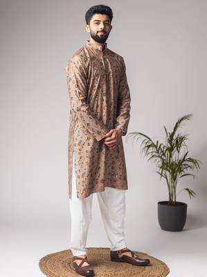 Brown color modal silk fabric printed festive wear men's kurta payjama 4