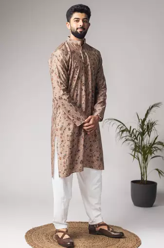 Brown color modal silk fabric printed festive wear men's kurta payjama
