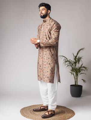 Brown color modal silk fabric printed festive wear men's kurta payjama 5