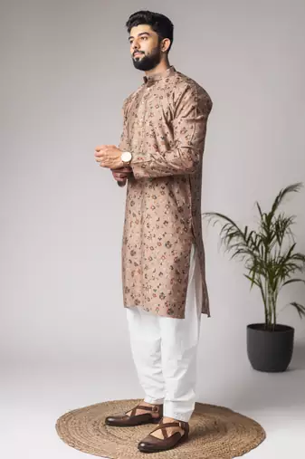 Brown color modal silk fabric printed festive wear men's kurta payjama