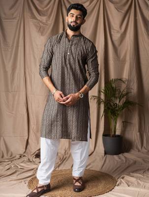 Black color modal silk fabric printed festive wear men's kurta payjama 1