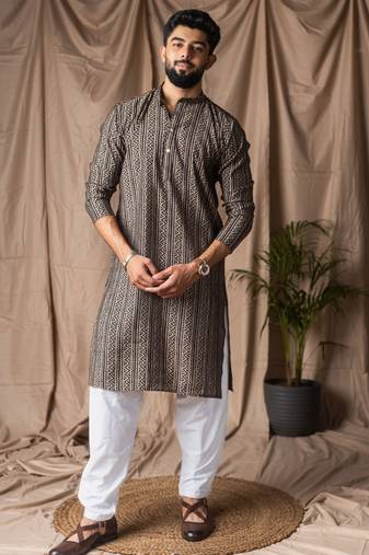 Black color modal silk fabric designer printed festive wear men's kurta payjama