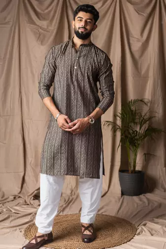 Black color modal silk fabric designer printed festive wear men's kurta payjama