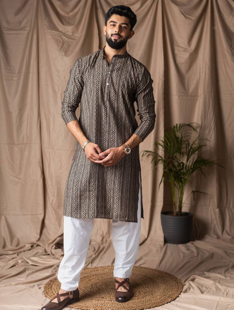Black color modal silk fabric designer printed festive wear men's kurta payjama