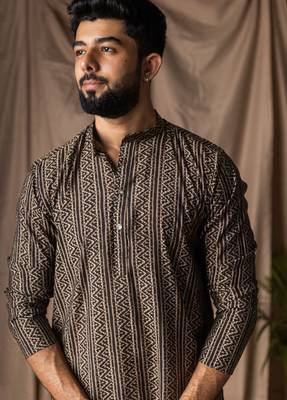 Black color modal silk fabric printed festive wear men's kurta payjama 3