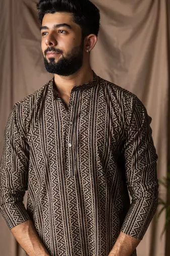 Black color modal silk fabric printed festive wear men's kurta payjama