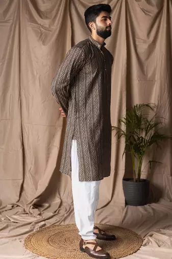 Black color modal silk fabric printed festive wear men's kurta payjama