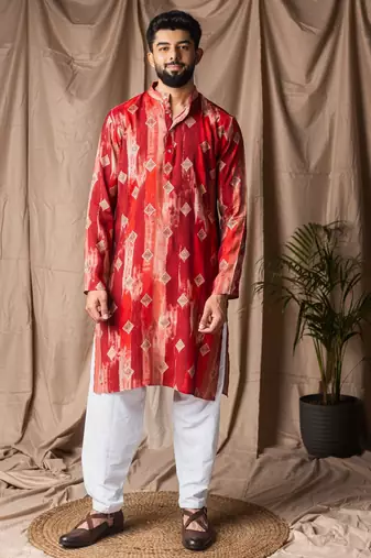 Red color modal silk fabric designer printed festive wear men's kurta payjama