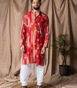 Red color modal silk fabric printed festive wear men's kurta payjama
