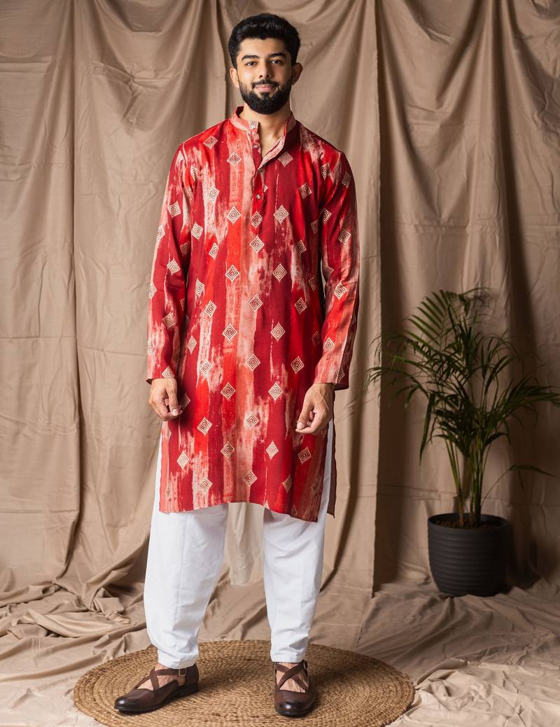 Red color modal silk fabric designer printed festive wear men's kurta payjama