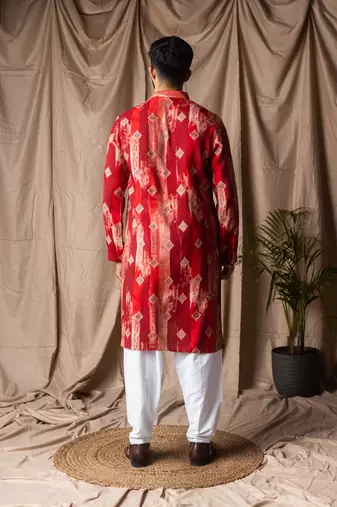 Red color modal silk fabric printed festive wear men's kurta payjama
