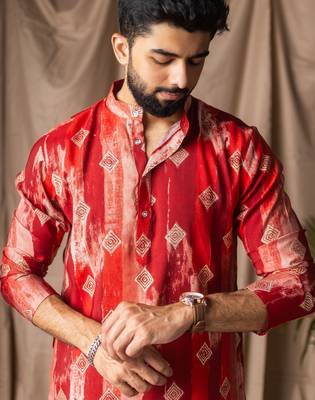 Red color modal silk fabric printed festive wear men's kurta payjama 3