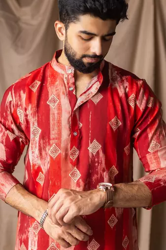 Red color modal silk fabric printed festive wear men's kurta payjama