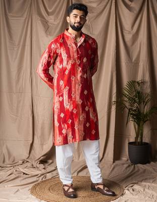Red color modal silk fabric printed festive wear men's kurta payjama 4