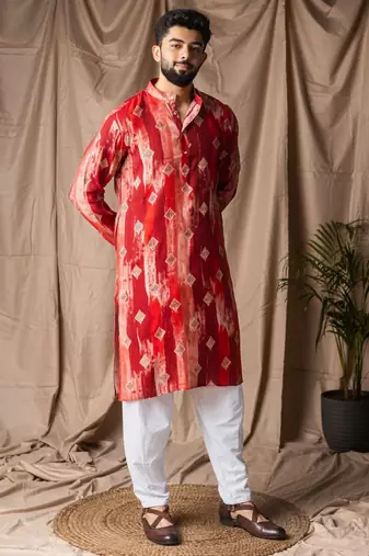 Red color modal silk fabric printed festive wear men's kurta payjama