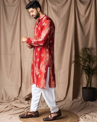 Red color modal silk fabric printed festive wear men's kurta payjama 5