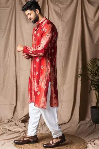 Red color modal silk fabric printed festive wear men's kurta payjama