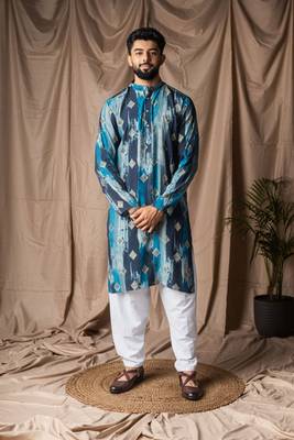 Blue color modal silk fabric printed festive wear men's kurta payjama 1