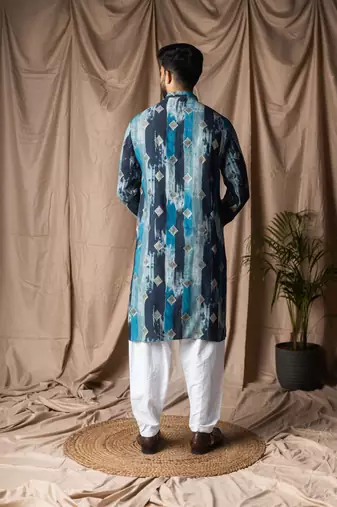 Blue color modal silk fabric printed festive wear men's kurta payjama