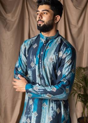 Blue color modal silk fabric printed festive wear men's kurta payjama 3