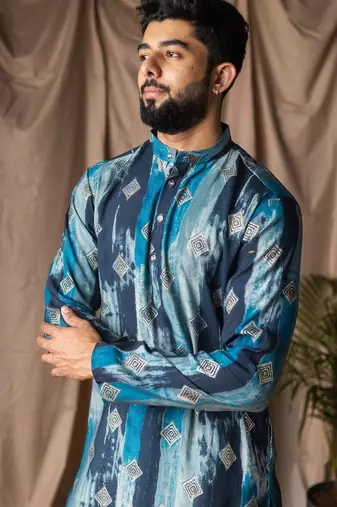 Blue color modal silk fabric printed festive wear men's kurta payjama