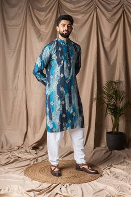 Blue color modal silk fabric printed festive wear men's kurta payjama 4