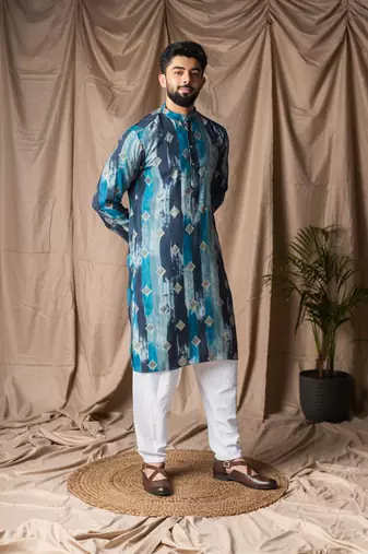 Blue color modal silk fabric printed festive wear men's kurta payjama