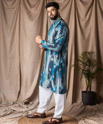 Blue color modal silk fabric printed festive wear men's kurta payjama 5