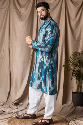 Blue color modal silk fabric printed festive wear men's kurta payjama