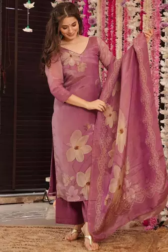  Floral Printed Zarna Silk Straight Kurta Pant with Dupatta Set