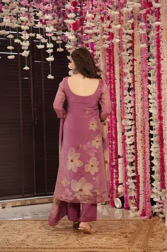  Floral Printed Zarna Silk Straight Kurta Pant with Dupatta Set