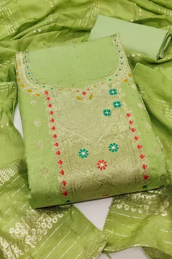 Elegant green chanderi banarasi silk dress material with dupatta
