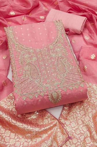 Elegant pink chanderi banarasi silk dress material with dupatta