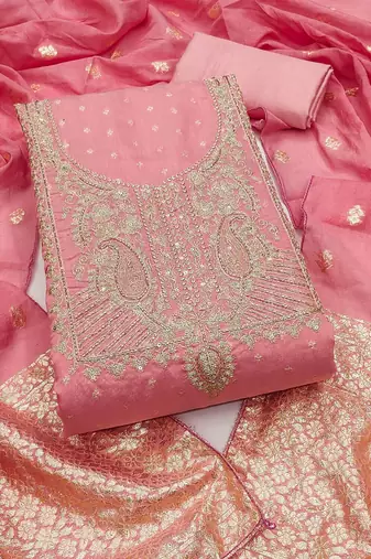 Elegant pink chanderi banarasi silk dress material with dupatta