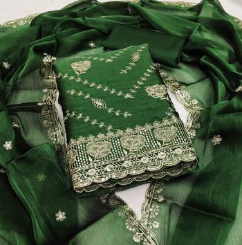 green embroidered chanderi dress material 1